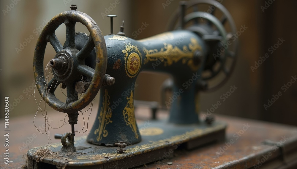 Fototapeta premium Vintage sewing machine with loose threads hanging from the needle, showing signs of wear