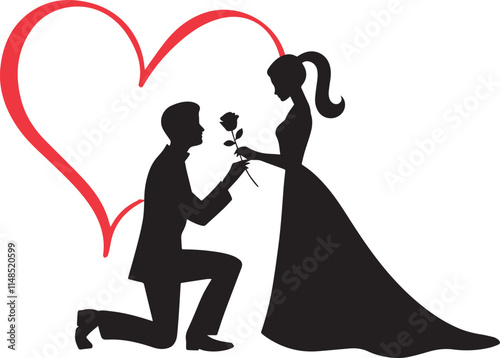 heart shape vector silhouettes of bride and groom. propose to a woman with rose flower lovely couple