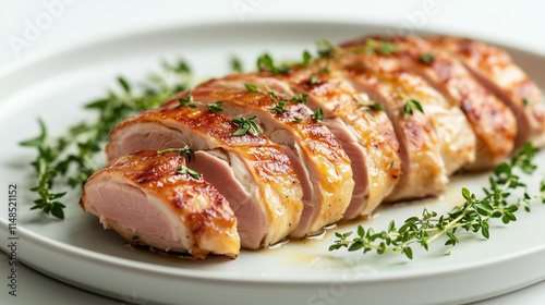Sliced Chicken Cordon Bleu Garnished with Fresh Thyme photo