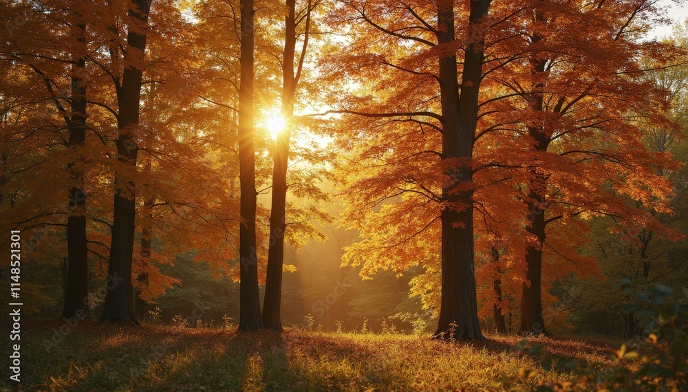 Fototapeta premium Autumn trees with vibrant leaves and sunlight filtering through the forest