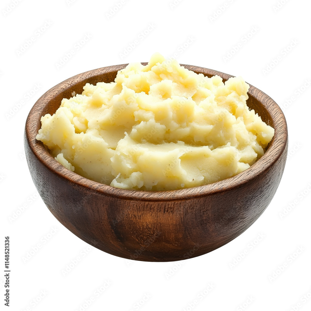 Creamy mashed potatoes in wooden bowl, perfect for comfort food lovers. This dish is classic side, ideal for family gatherings and festive meals Creamy mashed potatoes in wooden bowl, perfect for comfort food lovers. This dish is classic side, ideal for family gatherings and festive meals