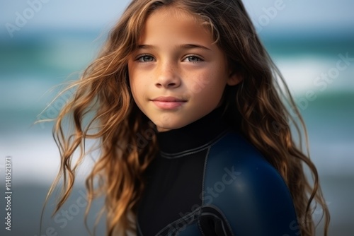 Portrait of a beautiful little girl in wetsuit on the beach photo