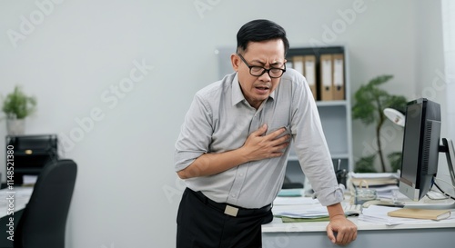 Concerned asian adult male experiencing chest pain in modern office setting photo