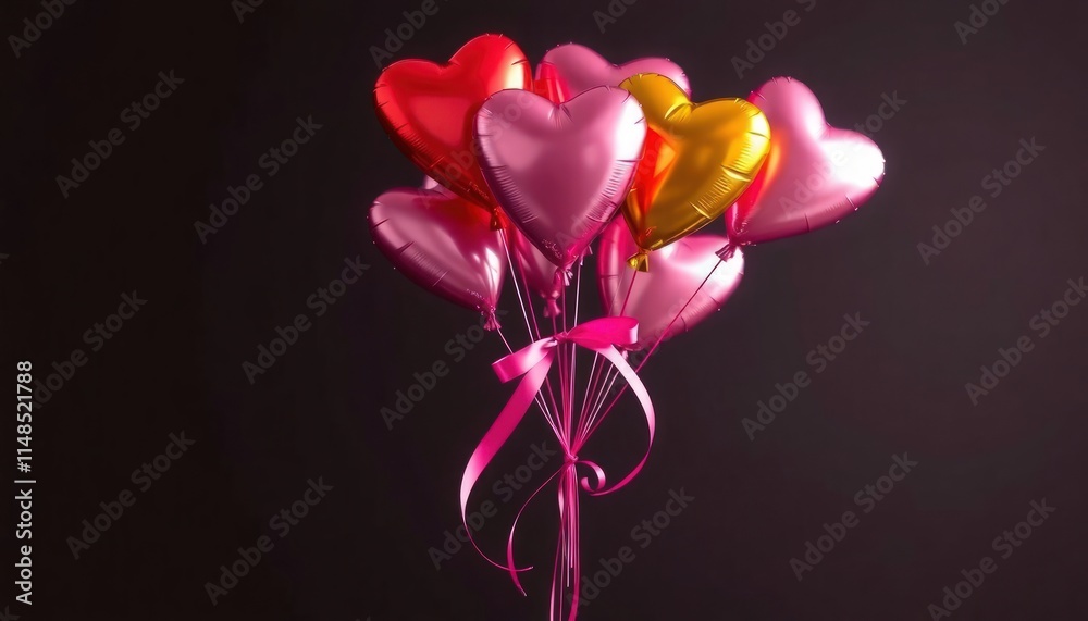Fototapeta premium Stylized bouquet of heart-shaped balloons tied with a pink ribbon, perfect for Valentine’s Day.