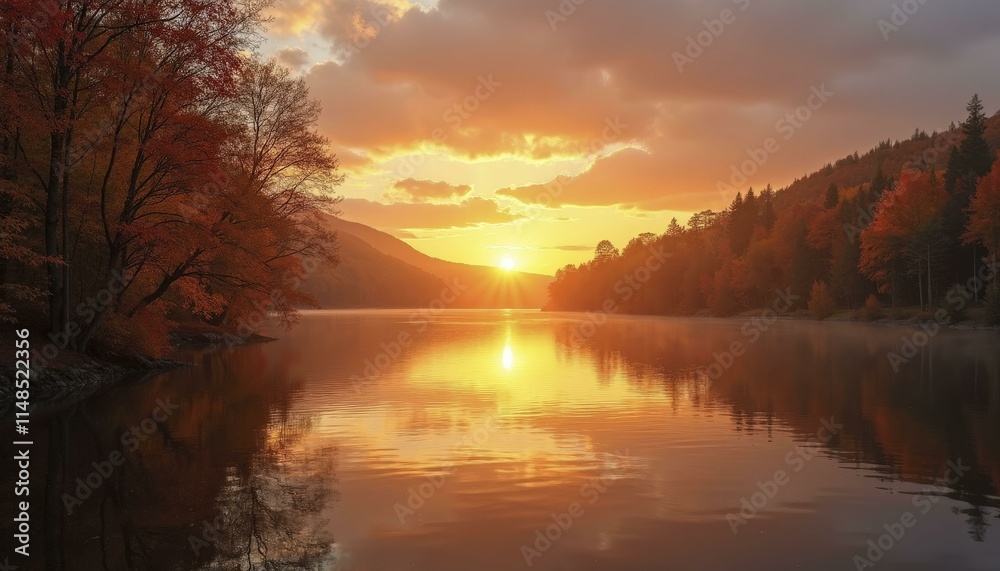 Warm sunset glow reflecting off a tranquil lake surrounded by vibrant autumn trees and misty mountains Warm sunset glow reflecting off a tranquil lake surrounded by vibrant autumn trees and misty mountains