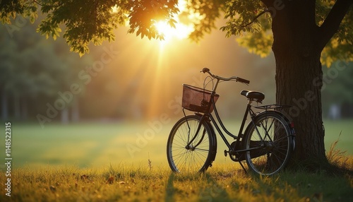 Vintage bicycle parked under tree with golden sunlight streaming through branches in a peaceful park