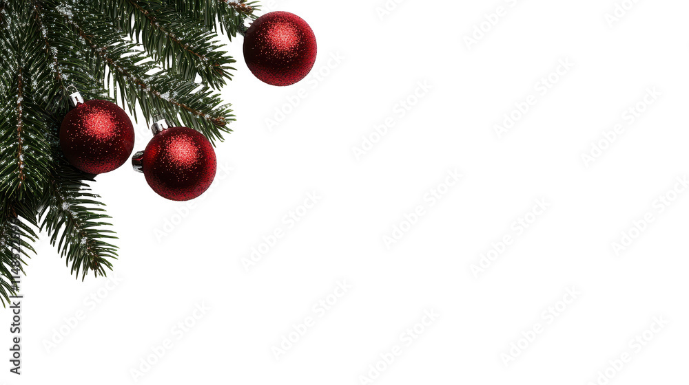Festive red ornaments on green pine branches. transparent background Festive red ornaments on green pine branches. transparent background