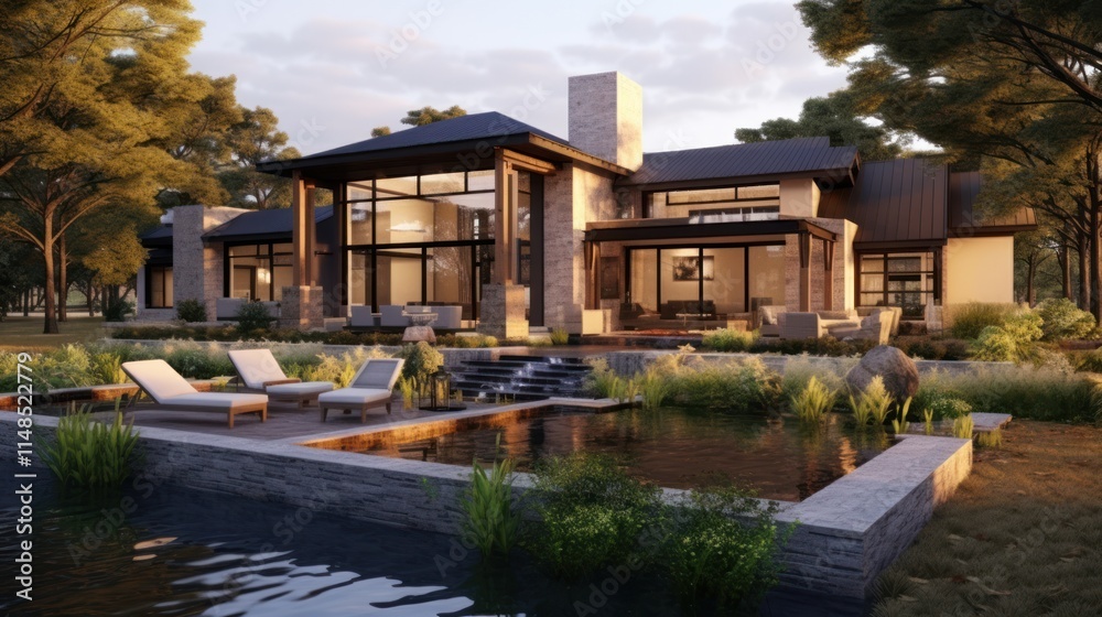 Modern House with Pool and Landscaping at Dusk Modern House with Pool and Landscaping at Dusk