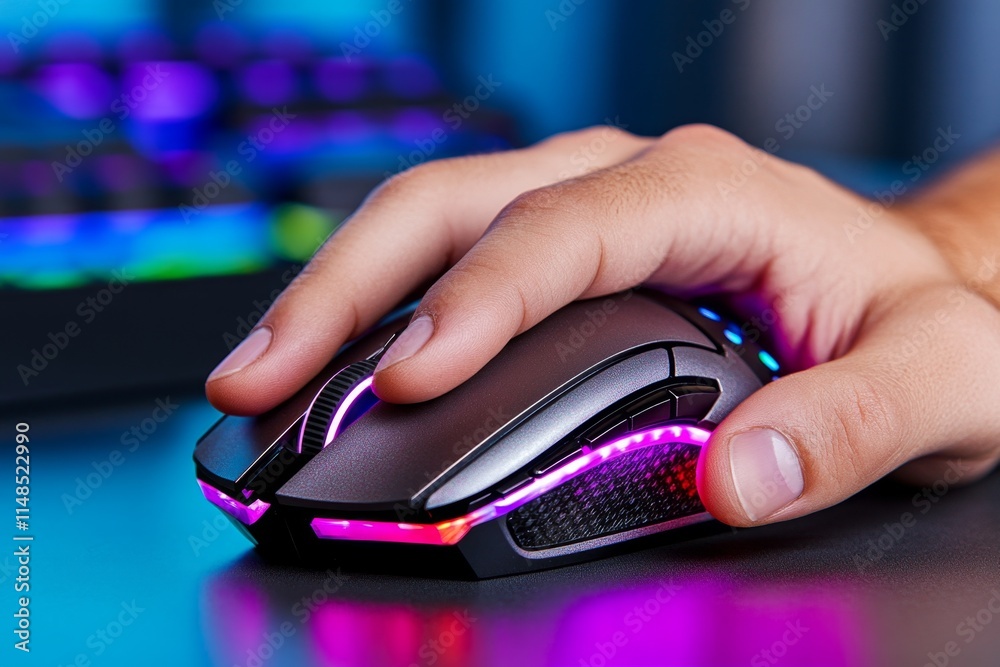 An ultra-detailed shot of a hand gripping a gaming mouse, with the RGB lighting reflecting off the polished desk and sweat on the player knuckles An ultra-detailed shot of a hand gripping a gaming mouse, with the RGB lighting reflecting off the polished desk and sweat on the player knuckles