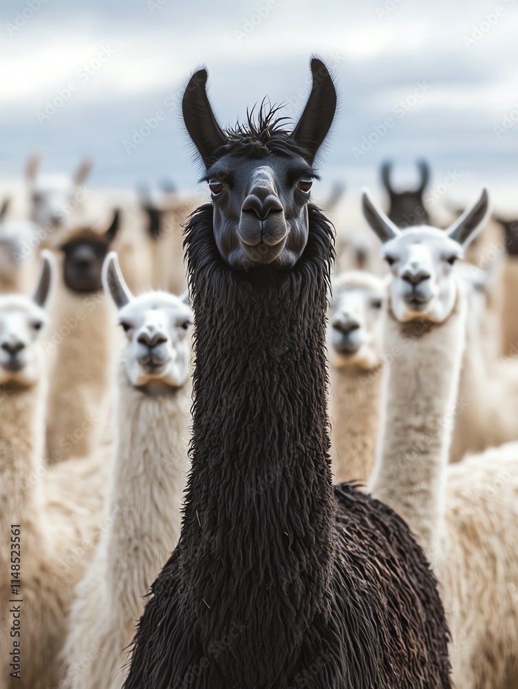 Obraz premium A close-up of a black llama standing proudly among a herd of white llamas in a serene landscape.