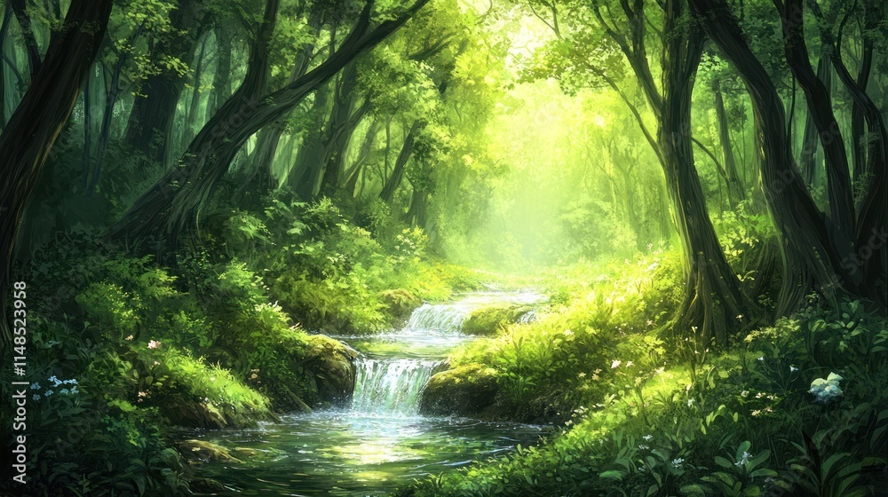 Fototapeta premium Sunlit Forest Stream A Tranquil Natural Scene