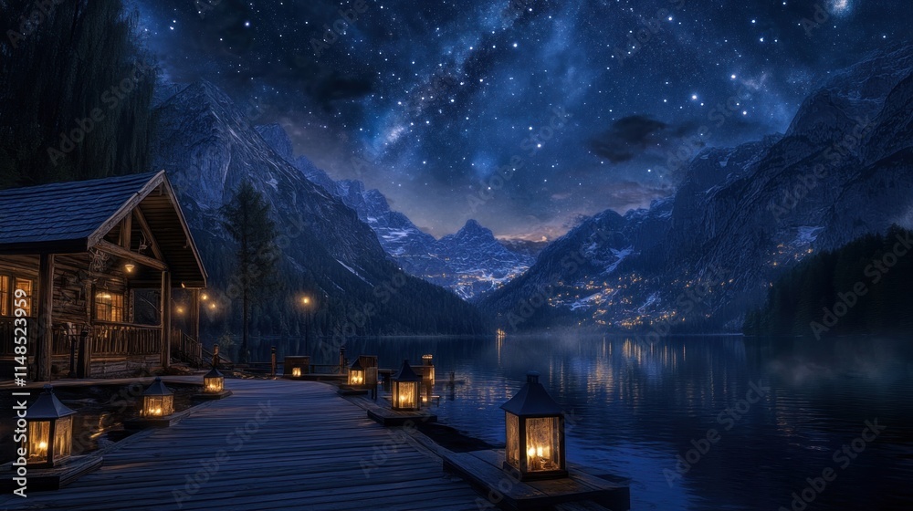 Fototapeta premium Mountain Lake Cabin Night Starscape Tranquil Scene