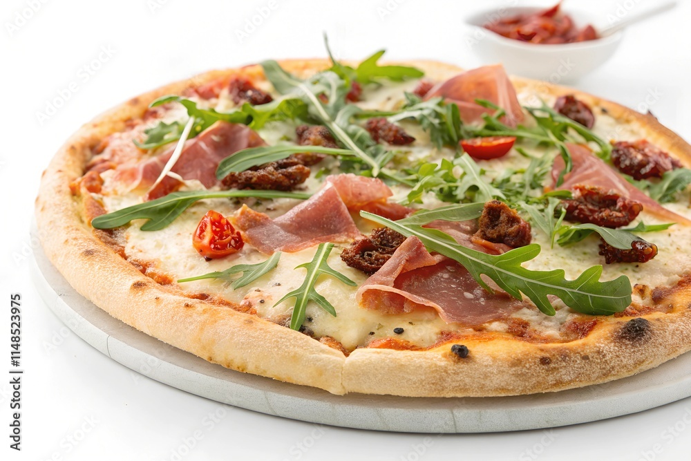 A detailed, realistic close up of a pizza on a pristine, bright white background A detailed, realistic close up of a pizza on a pristine, bright white background