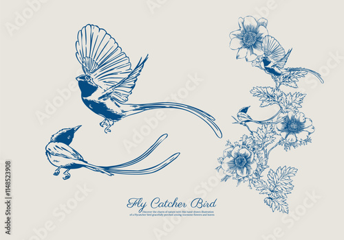 Hand Drawn Flycatcher Bird Surrounded by Anemone Flowers and Leaves photo