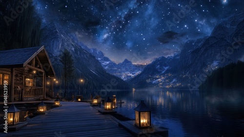 Mountain Lake Cabin Night Starscape Tranquil Scene