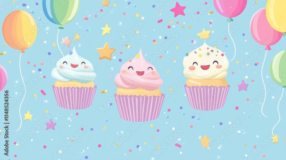 Whimsical vector with dancing cupcakes, rainbow balloons, and happy star characters on a soft blue background with glittering confetti. Whimsical vector with dancing cupcakes, rainbow balloons, and happy star characters on a soft blue background with glittering confetti.