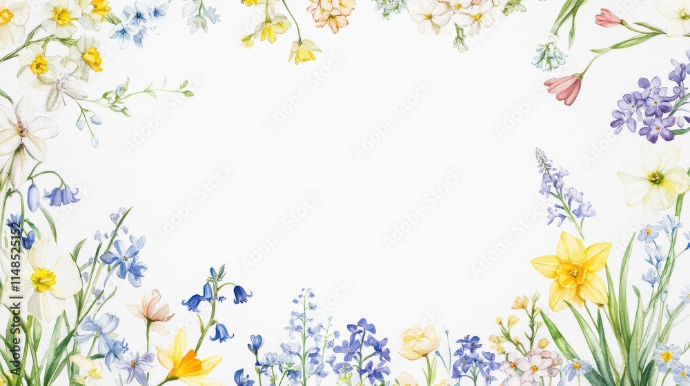 Watercolor background, pattern, seamless with daffodils, bluebells, lily of the valley and lilac Watercolor background, pattern, seamless with daffodils, bluebells, lily of the valley and lilac