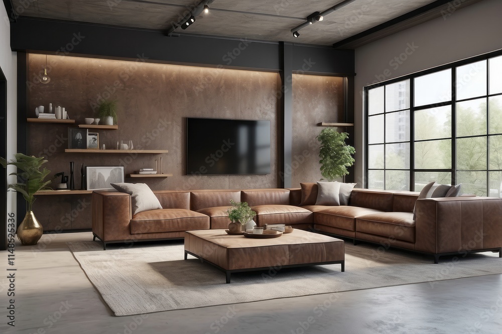 Fototapeta premium Industrial Living Room Design With Rich Brown L Shaped Sectional Sofa