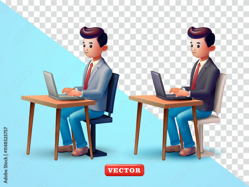 Office man sitting and working with laptop. 3d vector, Suitable for business, career and design elements Office man sitting and working with laptop. 3d vector, Suitable for business, career and design elements