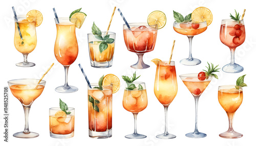 Vibrant watercolor illustration featuring a variety of summer cocktails, showcasing colorful drinks garnished with fresh fruits and aromatic herbs for a refreshing scene.