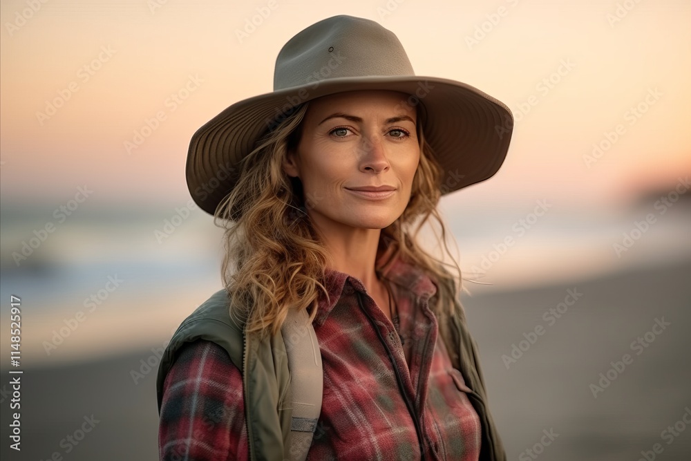 Portrait of a young woman wearing hat on the beach at sunset Portrait of a young woman wearing hat on the beach at sunset