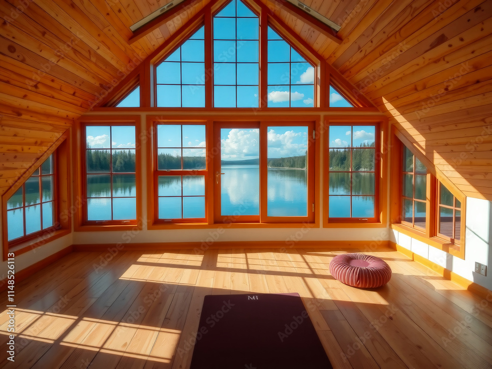 A large room with a view of a lake. The room is filled with natural light and has a calming atmosphere