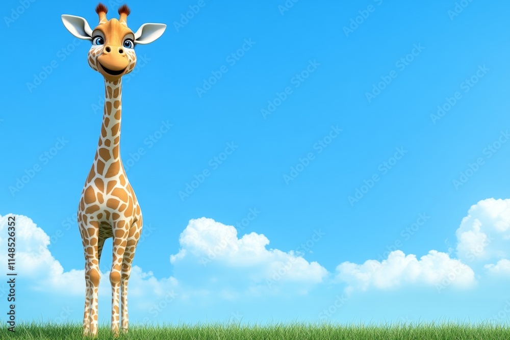 A 3D-rendered giraffe standing on a grassy hill with rolling clouds in the background, its textures highly detailed A 3D-rendered giraffe standing on a grassy hill with rolling clouds in the background, its textures highly detailed