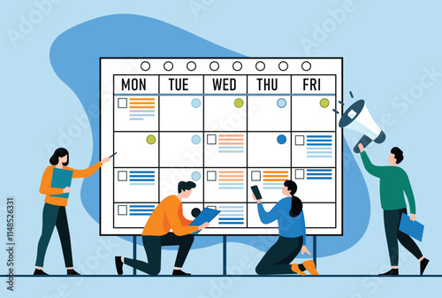 People organizing tasks on a large weekly calendar, project management, content scheduling, teamwork, productivity tools, event coordination, time management, and workplace collaboration visuals.