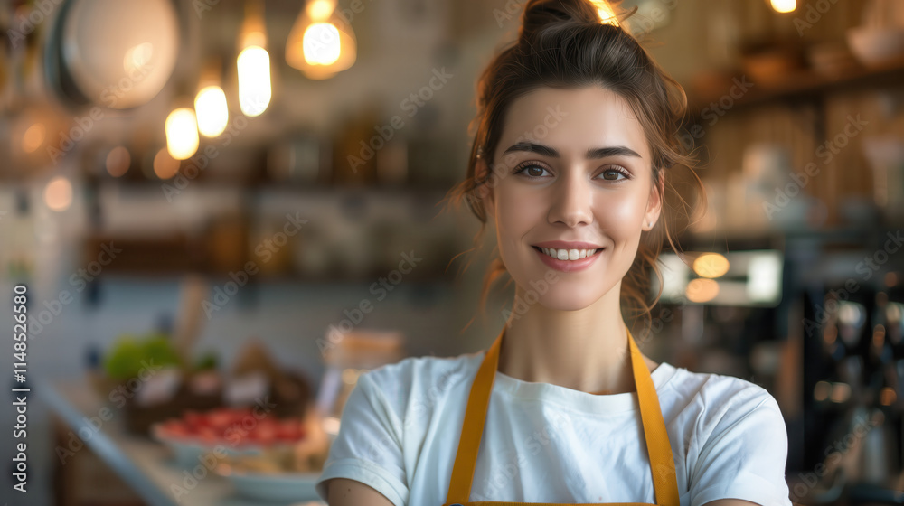 Friendly Barista Smiling in Cozy Cafe Environment - Ideal for Coffee Shop and Customer Service Promotion Friendly Barista Smiling in Cozy Cafe Environment - Ideal for Coffee Shop and Customer Service Promotion