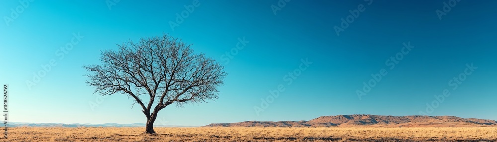 A solitary, leafless tree stands against a bright blue sky in a vast desert landscape during daylight hours A solitary, leafless tree stands against a bright blue sky in a vast desert landscape during daylight hours