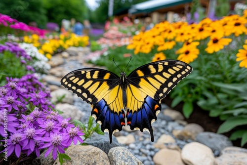 A butterfly garden filled with milkweed and other flowering plants, with colorful butterflies flitting between blossoms photo