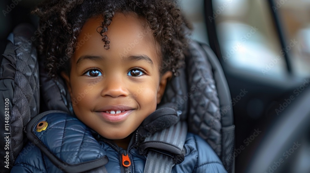 A smiling toddler securely seated in a car seat, showcasing safety and comfort during a car ride. A smiling toddler securely seated in a car seat, showcasing safety and comfort during a car ride.