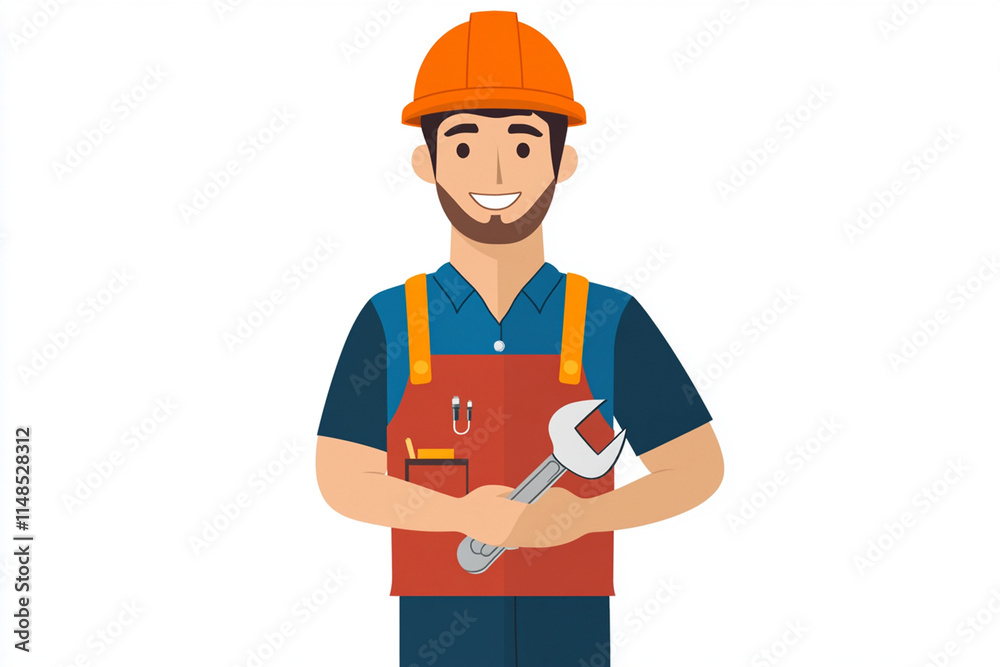 Cartoon illustration of a young worker in a helmet and overalls holding a wrench. Isolate on a white background. Рortrait of a worker Cartoon illustration of a young worker in a helmet and overalls holding a wrench. Isolate on a white background. Рortrait of a worker