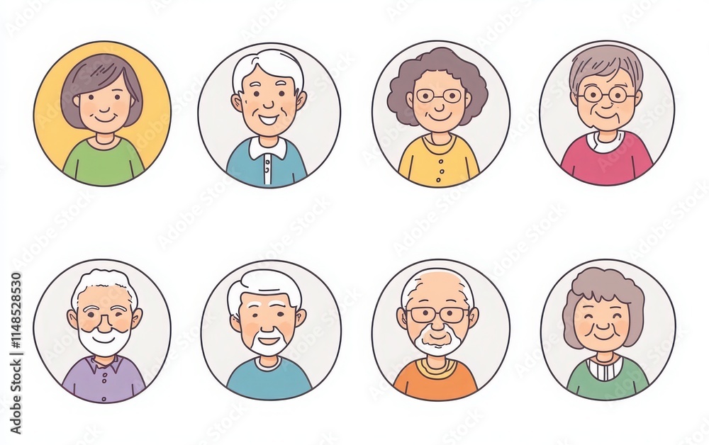 A collection of simple line art avatars of elderly people, presented in round frames with flat vector graphics and clean outlines. A collection of simple line art avatars of elderly people, presented in round frames with flat vector graphics and clean outlines.