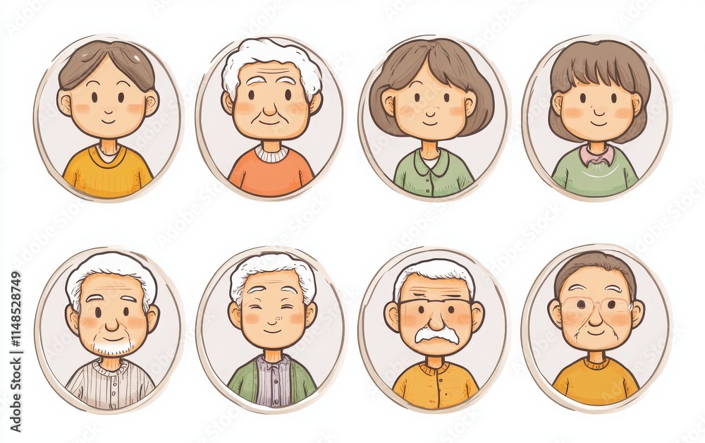 A set of elderly people avatars in simple line art, placed within round frames and designed with clean, sharp inking. A set of elderly people avatars in simple line art, placed within round frames and designed with clean, sharp inking.