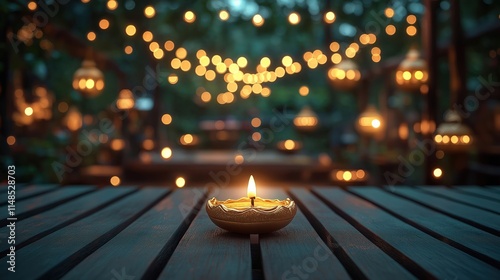 Golden diya candle on wooden terrace with twinkling lights, hanging lanterns. Outdoor decorated setting creates festive atmosphere. Copy space available. Traditional Indian festival theme. Image photo