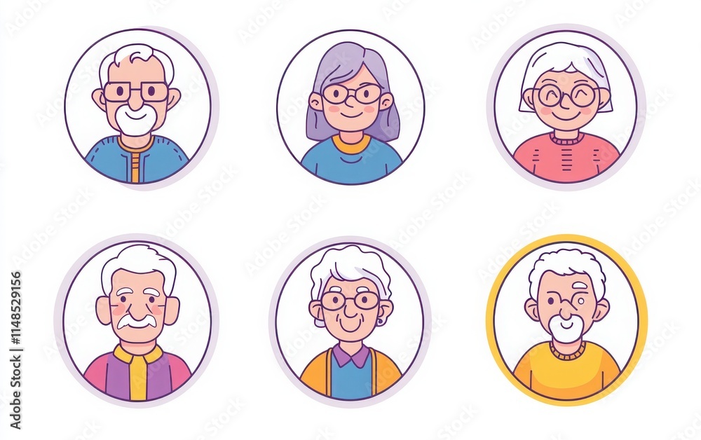 A set of simple line art icons featuring elderly people avatars in round frames, designed in a flat style with clean outlines. A set of simple line art icons featuring elderly people avatars in round frames, designed in a flat style with clean outlines.