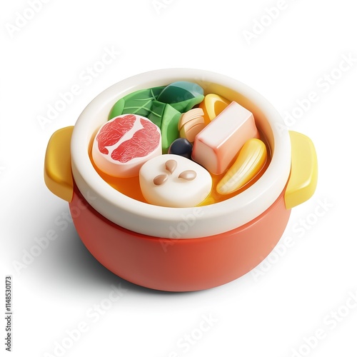 3D Cartoon Hotpot Icon in Cute Shape with Minimalist, Soft Round Form and Hyper Detail on White Background – Isometric Design