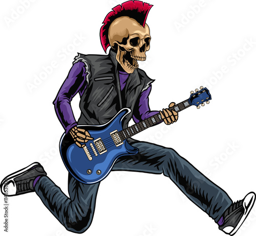 Skull Head Punk playing Guitar World Rock Day in Vector Cartoon Illustration