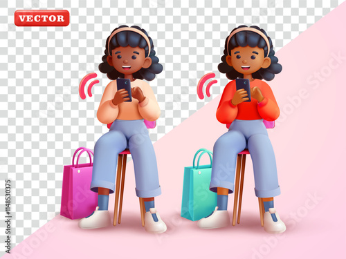 Woman sitting while using smartphone. Vector 3d, Suitable for promotions, advertising and design elements