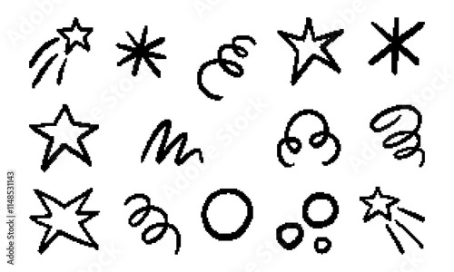 Pixel icon collection of stars and spirals. A collection of 14 pixelated icons featuring spirals, stars, comets, and abstract designs, ideal for gaming, retro, and celestial art projects