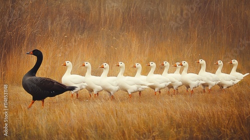 A black goose leads a procession of white geese through golden grasses, showcasing nature's harmony and leadership. photo