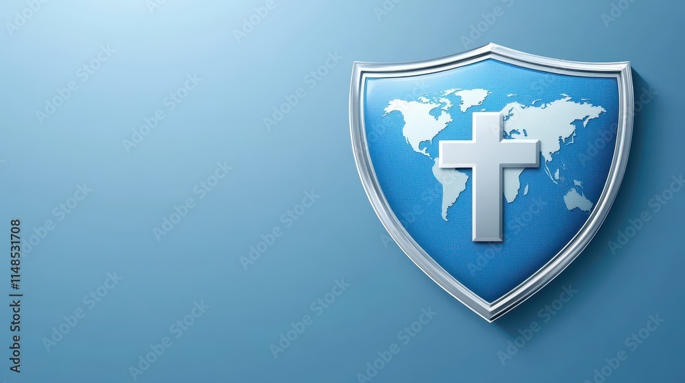 Blue shield with white cross, symbol of protection, safety and healthcare Blue shield with white cross, symbol of protection, safety and healthcare