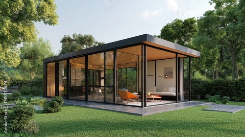 Modern Glass House in a Lush Green Landscape