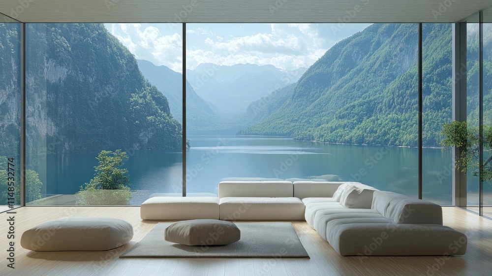 Fototapeta premium Modern Living Room Overlooking Stunning Mountain Lake View