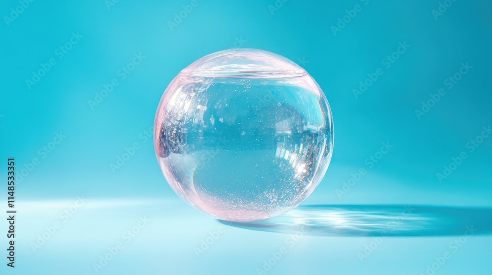 Transparent glass sphere with reflections resting on smooth blue surface, minimalist design for modern decor, abstract background for technology or creativity themes, light and shadow play calm ambia Transparent glass sphere with reflections resting on smooth blue surface, minimalist design for modern decor, abstract background for technology or creativity themes, light and shadow play calm ambia