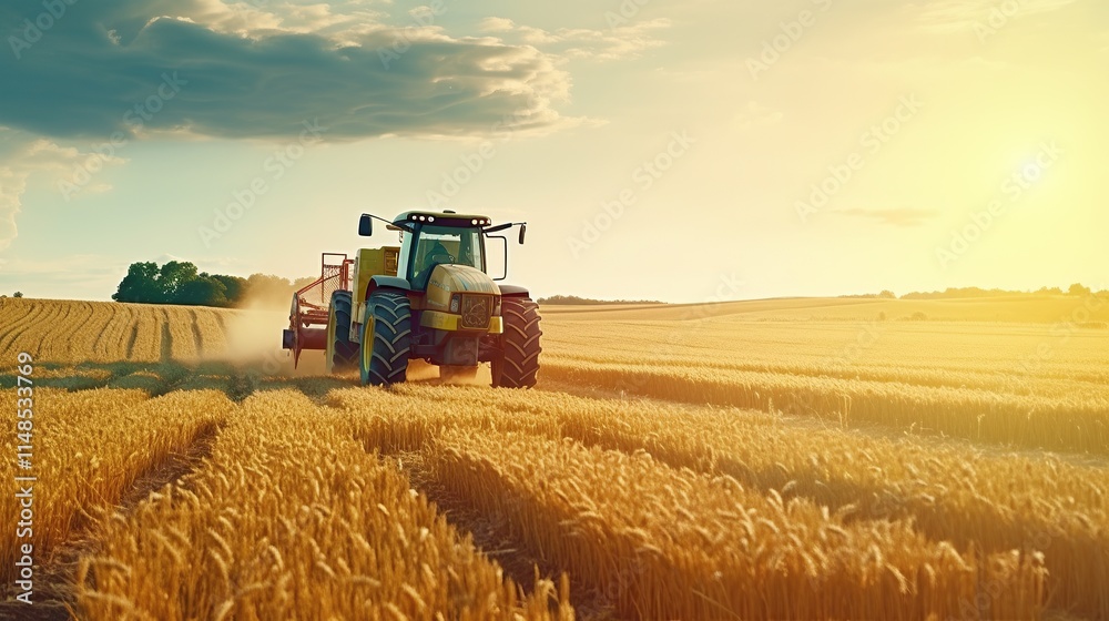 Fototapeta premium Tractor in a Golden Field at Sunset