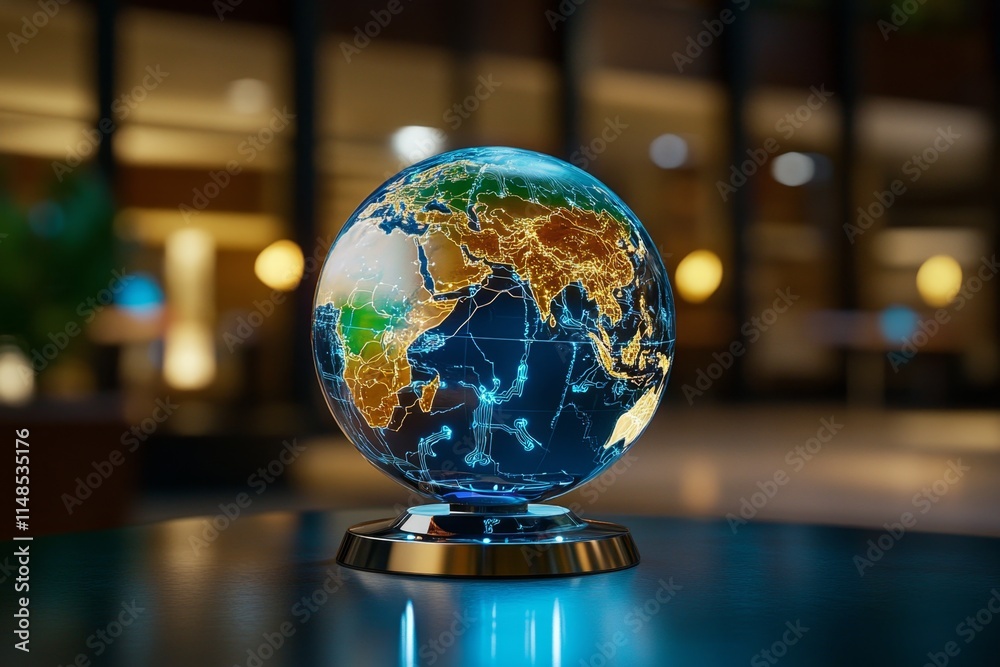 A glowing blue globe placed in a dark room, with continents lit up as if they are electric circuits A glowing blue globe placed in a dark room, with continents lit up as if they are electric circuits