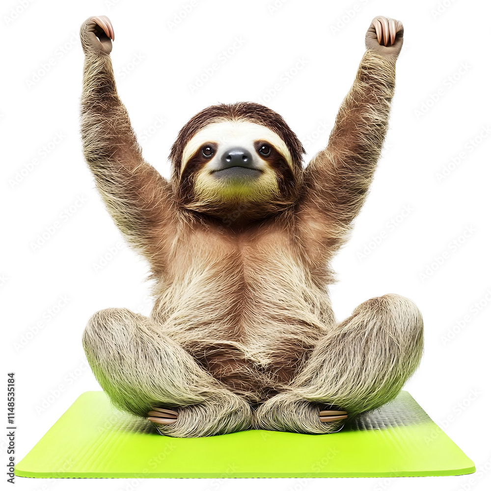 Fototapeta premium A sloth sitting and stretching on a yoga pad isolated on a transparent background
