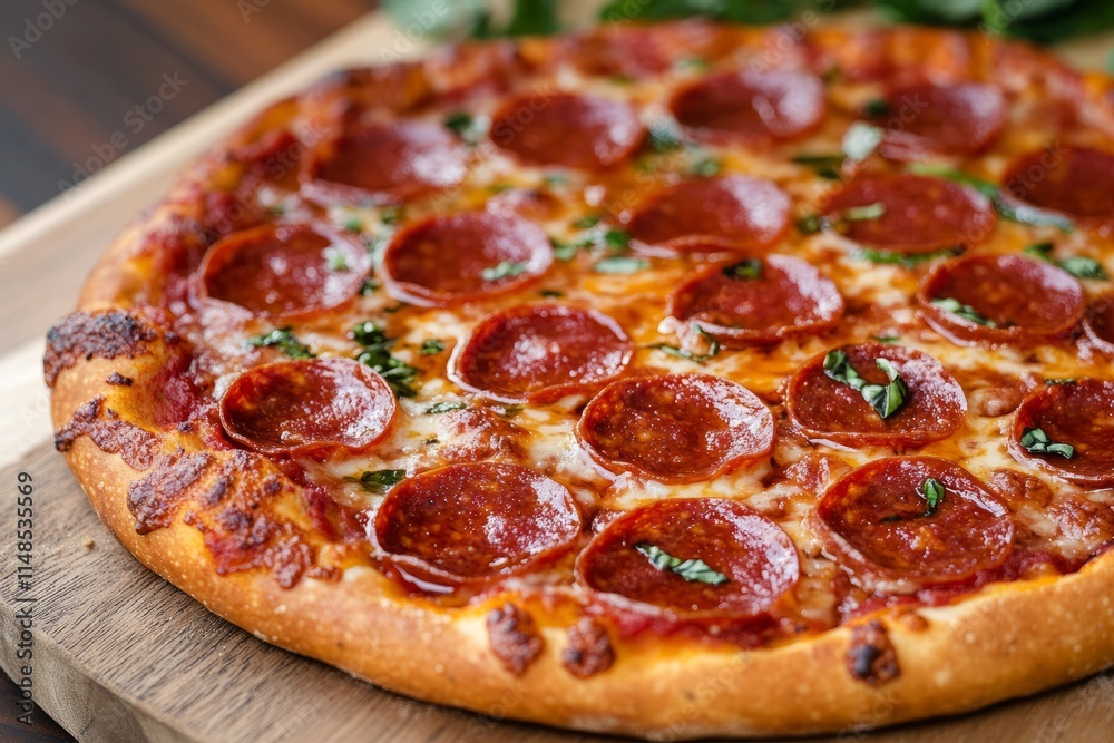 Freshly baked pepperoni pizza garnished with basil leaves, displaying melted cheese and crispy crust Freshly baked pepperoni pizza garnished with basil leaves, displaying melted cheese and crispy crust